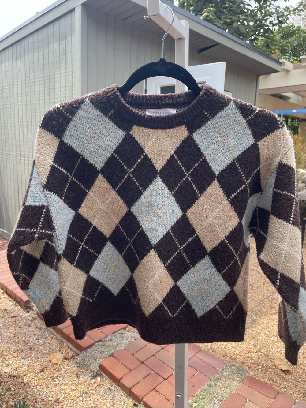 Zara Argyle Crewneck Sweater - Brown, Tan & Light Blue